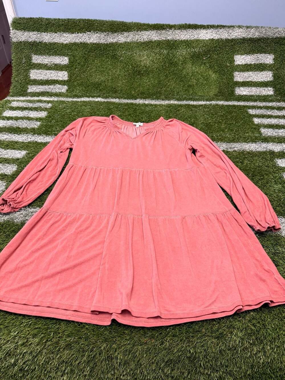 Wonderly Tiered Long Sleeve Dress - Coral
